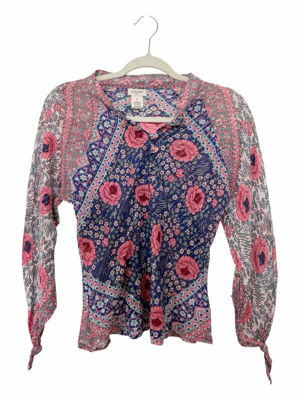 Jill Stuart Jeans Golden Rose Metallic Floral Blouse Silk Blend Boho Top Size 2